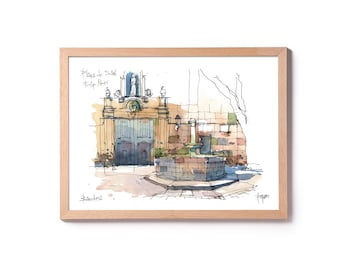 Sant Felip Neri Illustration, Plaça Sant Felip Neri watercolor, Gothic Barcelona painting, Barcelona art, Barcelona house decoration, square