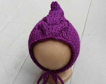 RTS Baby hand knitted bonnet in purple/ unique and cute hat for newborn/ knit pixie hat/ photo prop