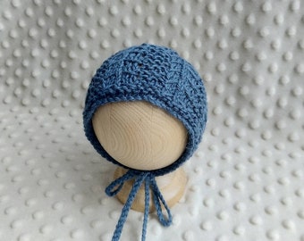Bonnet en alpaga tricoté à la main pour bébé RTS en bleu jean/ joli bonnet pour nouveau-né/ bonnet texturé en tricot/ accessoire photo