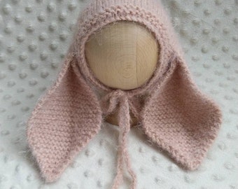 RTS Baby knit bonnet bunny long ears in powder, hat for newborn, Easter photo prop