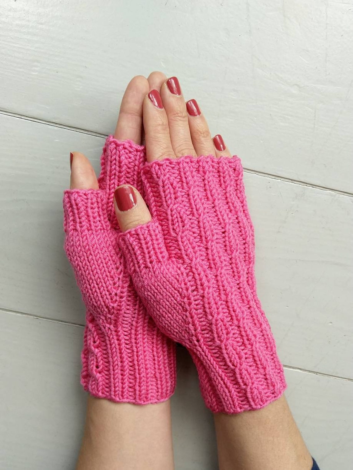 RTS Knitted Fingerless Mittens in Pink Merino/ Hand Knit Etsy UK