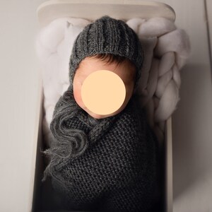 RTS knit baby bonnet in dark grey, ribbed knitted hat for newborn, Photo Prop
