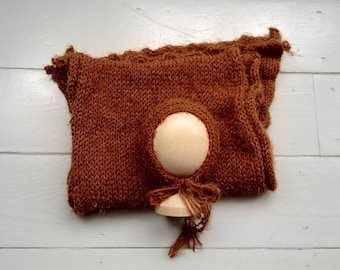 RTS knit baby wrap and bonnet set in cinnamon/ newborn photo prop