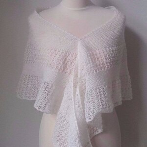 RTS Hand knit white lace shawl/ Bridal mohair shawl/ Unique wedding scarf