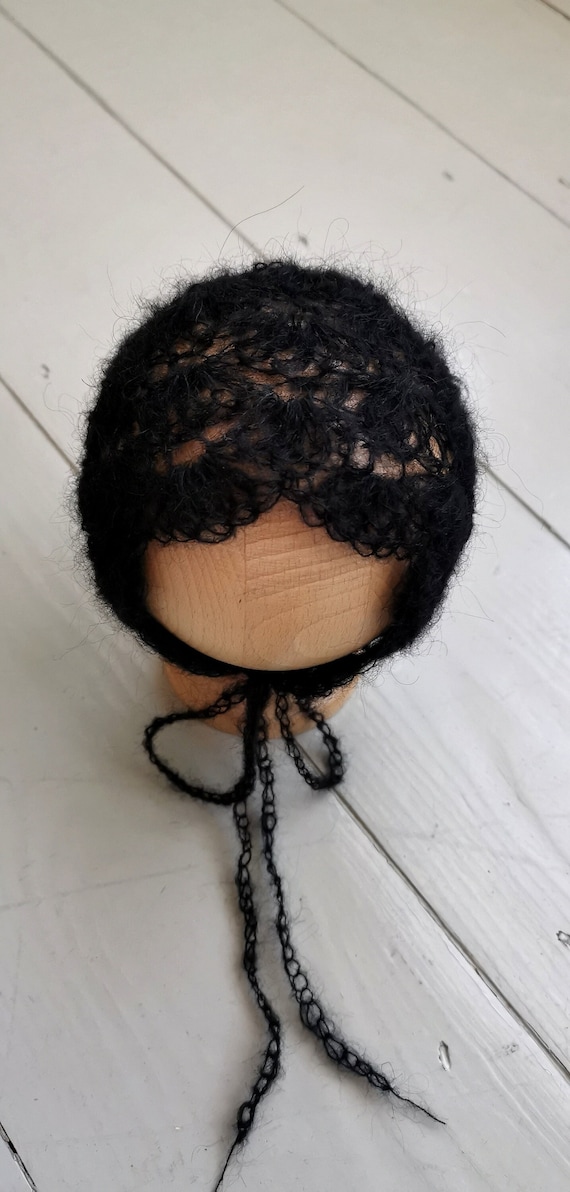 RTS Baby Crochet Bonnet in Black / Lace Mohair Hat/ Unique  display picture 1