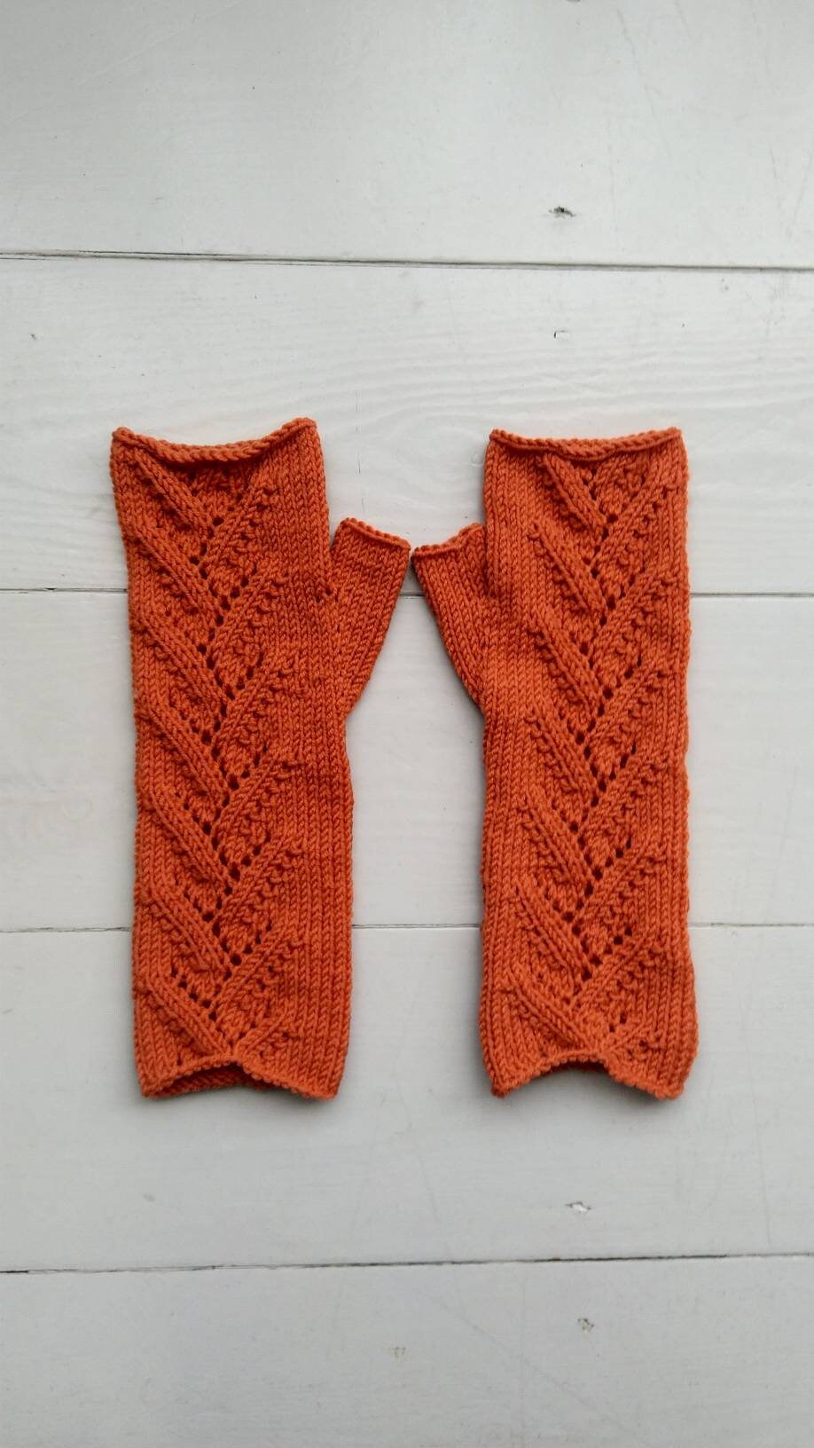 RTS Knitted fingerless mittens in orange merino/ hand knit mitts/ fall or winter statement
