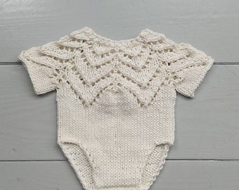 RTS Baby knit short sleeve romper in off white, handmade newborn size romper, photo prop