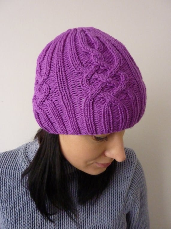 Handmade knit cabled purple hat Cabled Cap knitting pattern by Woolly Wormhead main image 2