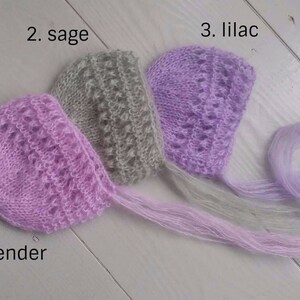 RTS Mohair knit baby bonnet girl in sage, unique and cute hat for newborn, photo prop