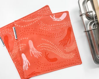 Cotton Napkin Set, Coral Octopus, Set of 2, Absorbent Cloth Wipe, Kids Lunchbox, Eco Friendly, Casual Kitchen