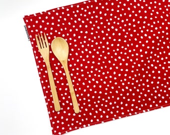Red Polka Dot Kid Kitchen Table Placemat, Machine Washable Place Mat, For Montessori School Lunch, Snack Mat, 16x12 Rectangle