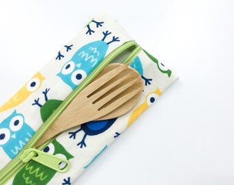 Utensil Reusable Straw Bag, Pencil Pouch, Back To School, Lunch Accessories, Woodland Owl