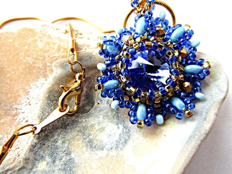 Blue Swarovski Crystal Pendant Blue Rivoli Swarovski Pendant Necklace Beadwork Bead Embroidered Pendant with Swarovski Rivoli 14mm image 4