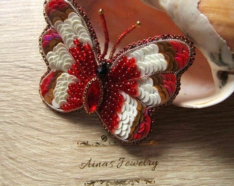 Brooch Butterfly Sequins Brooch  Red White Butterfly Beadwork Brooch Embroidery Brooch OOAK Jewelry Ready to ship