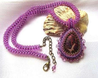 Jasper Necklace Beadwork Bead Embroidery Pendant Sea Sediment Jasper Necklace Natural Purple Cabochon Jewelry OOAK Ready to ship