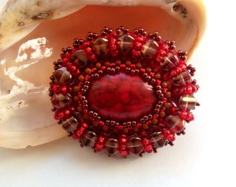 ON SALE ..Red Brooch Beadwork  Jewelry Beaded  Red Brooch Bead Embroidered Brooch  Jewelry Handmade Jewelry OOAK Ready to ship