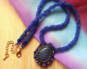 Lapis Lazuli Necklace Beadwork Bead Embroidery Natural Blue Cabochon Jewelry OOAK Ready to ship