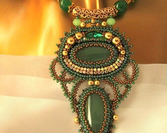 Bead Embroidery Aventurine Necklace  Pendant Natural Aventurine Cabochon Jewelry OOAK Ready to ship