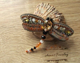 Dragonfly Brooch Beaded Beadwork Orange Brooch Dragonfly Handmade Embroidery Brooch OOAK Jewelry Ready to ship