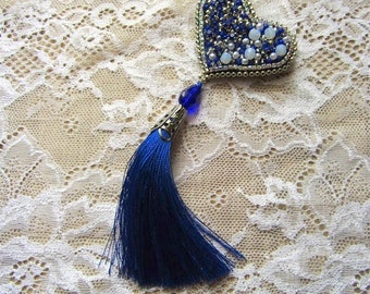 Blue Heart Brooch Bead Embroidered  Brooch OOAK Jewelry Ready to ship