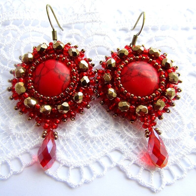 Embroidery Red Gold Earrings Red Stone Cabochon Earrings Bead Etsy