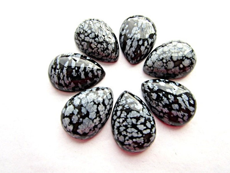 Snowflake Obsidian Cabochon 25 x 18 mm Natural Obsidian Cabochon Gray BlackTeardrop Cabochon Oval Cabochon Craft Supplies 1pcs. image 1