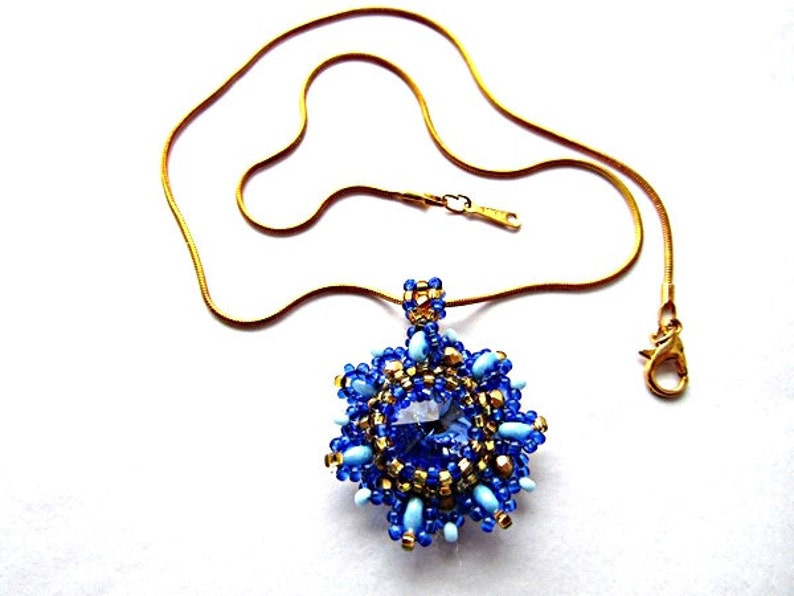 Blue Swarovski Crystal Pendant Blue Rivoli Swarovski Pendant Necklace Beadwork Bead Embroidered Pendant with Swarovski Rivoli 14mm image 5