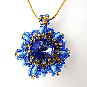 Blue Swarovski Crystal Pendant Blue Rivoli Swarovski Pendant Necklace Beadwork Bead Embroidered Pendant with Swarovski Rivoli 14mm image 1