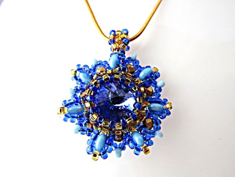 Blue Swarovski Crystal Pendant Blue Rivoli Swarovski Pendant Necklace Beadwork Bead Embroidered Pendant with Swarovski Rivoli 14mm image 1