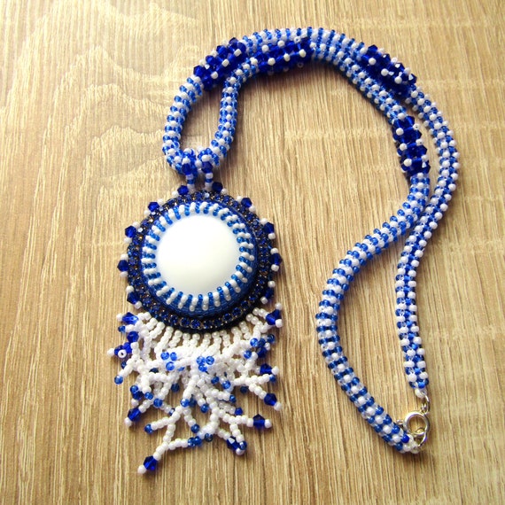 Necklace Beaded Porcelain White Cabochon White Blue Bead Embroidery Pendant OOAK Jewelry Ready to Ship Etsy Ireland