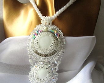 Necklace Beaded Porcelain White Cabochon White  Bead Embroidery Pendant Embroidery Wedding Necklace OOAK Jewelry Ready to ship