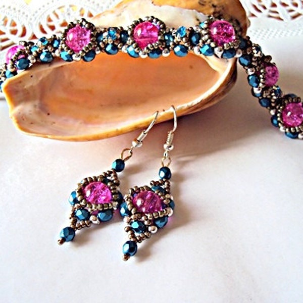 Pink Bracelet and Earrings Set  Hot Pink Fuchsia Bracelet Beadwork Bracelet Woven Beaded Bracelet Beaded Jewelry Set