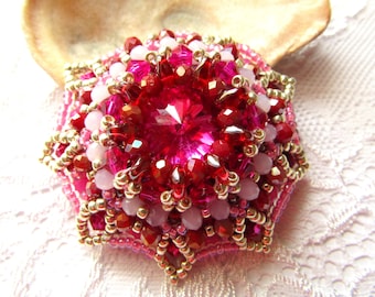 Brooch Beaded  Embroidery Crystal Pink Brooch Glass Brooch Beadwork OOAK Jewelry Ready to ship