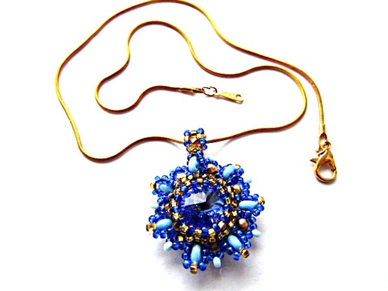 Blue Swarovski Crystal Pendant Blue Rivoli Swarovski Pendant Necklace Beadwork Bead Embroidered Pendant with Swarovski Rivoli 14mm image 2