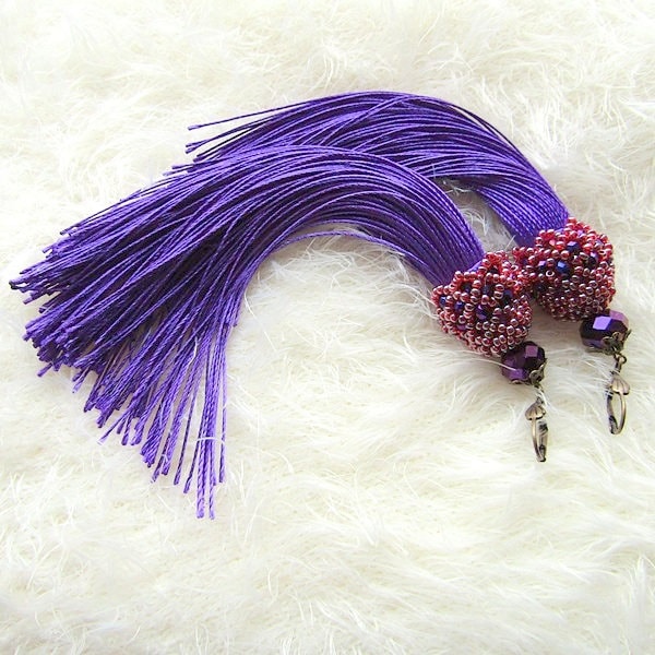 Purple Tassel Earrings Satin/Silk Tassel Earrings Long Boho Tassel  Earrings Purple Bohemian Earrings Purple Fringe Earrings Gift for Her