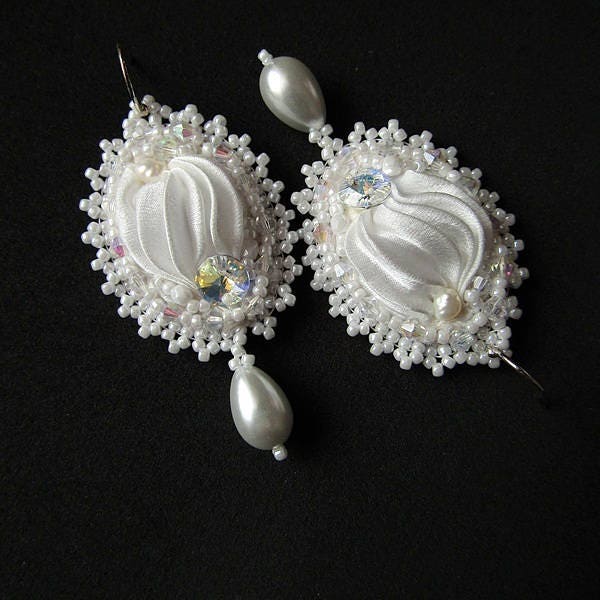 White Shibori Earrings Silk Ribbon Swarovski Earrings Dangle | Etsy