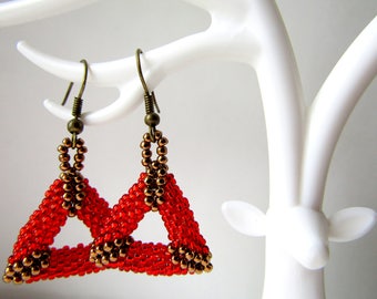 Triangle Earrings Red Beaded Handmade Earrings Party Jewelry Ready to ship