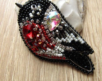 Bird  Brooch Beaded Black Red  Beadwork Brooch Bird Handmade Embroidery Brooch OOAK Jewelry Ready to ship