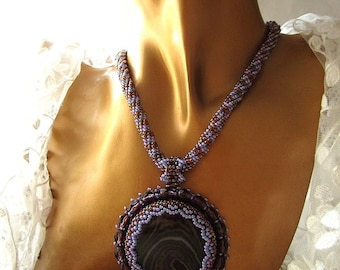 Agate Necklace Purple Beadwork Necklace Beaded Necklace  Agate Pendant Beaded Embroidery Necklace  OOAK Jewelry