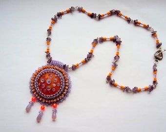 Necklace Bead Embroidery Purple Orange Necklace Lampwork Cabochon Pendant Soft Colors Necklace OOAK Jewelry Ready to ship