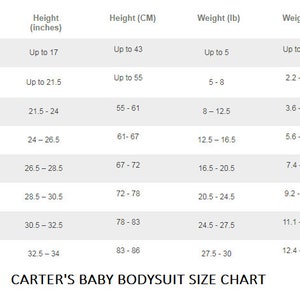 May include: Carter's Baby Bodysuit Size Chart showing sizes from Preemie (P) to 24M. The chart includes height in inches and centimeters, weight in pounds and kilograms.