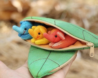 Organic Stuffed Elephant Set: Miniature Plush Elephants in Leaf Pouch