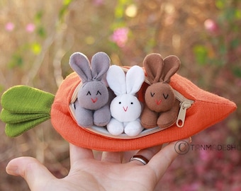 Organic Cotton Bunny Plush Set in Carrot Pouch: Stuffed Rabbit Toy - Easter Basket Stuffer