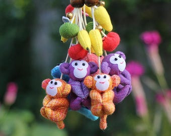 Monkey Keychain Handmade Cotton Fabric Charm, Animal Keyring, Novelty Monkey Gift for Her