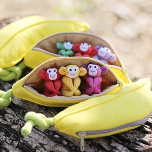 3 Monkeys in banana zip purse, Organic stuffed monkey, Handmade monkeys, Monkey plush, Stuffed plush toy, Home decor, Children's gift image 3