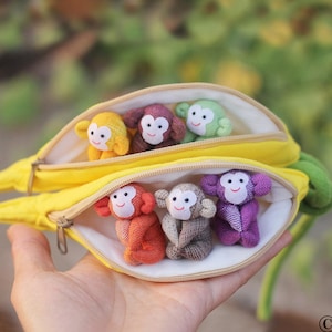 Organic Cotton Stuffed Monkeys in Banana Zip Pouch: Handmade Plush Toy