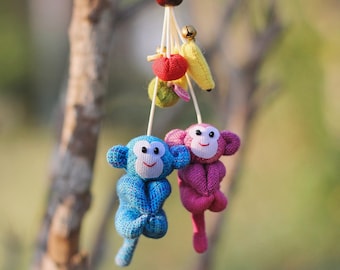Monkey Keychain Handmade Cotton Fabric Charm, Animal Keyring, Novelty Monkey Gift for Her