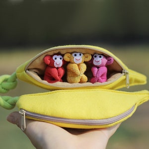 3 Monkeys in banana zip purse, Organic stuffed monkey, Handmade monkeys, Monkey plush, Stuffed plush toy, Home decor, Children's gift