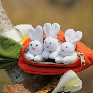 3 organic stuffed bunnies in carrot zip purse, Easter bunny, Home decor, Carrot treat bag, White bunny plush, Babyshower, Children's gift image 3