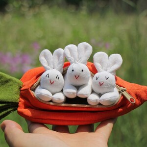 3 organic stuffed bunnies in carrot zip purse, Easter bunny, Home decor, Carrot treat bag, White bunny plush, Babyshower, Children's gift image 5